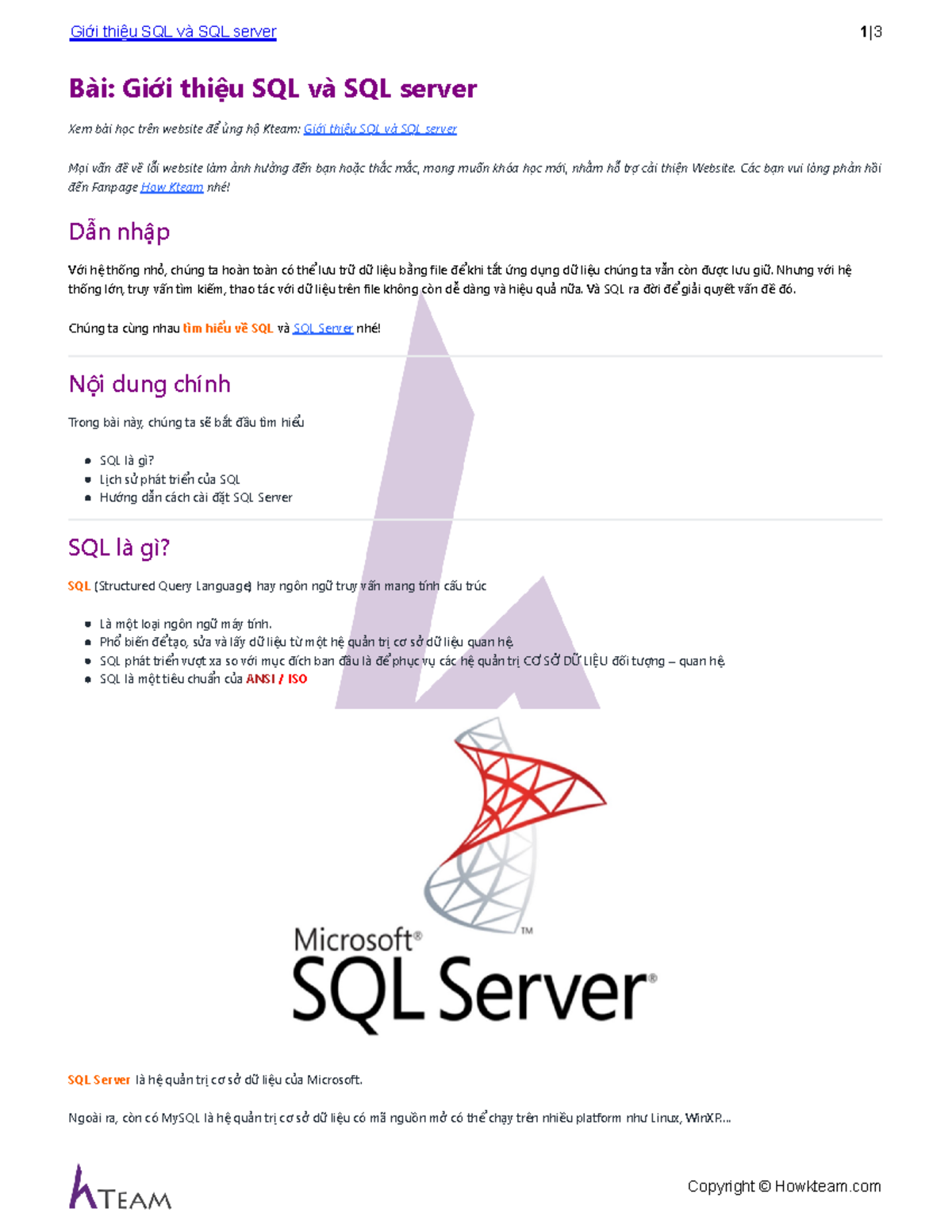 Giới thiệu SQL & SQL Server: Khởi Tạo Database trong SQL Server - Studocu