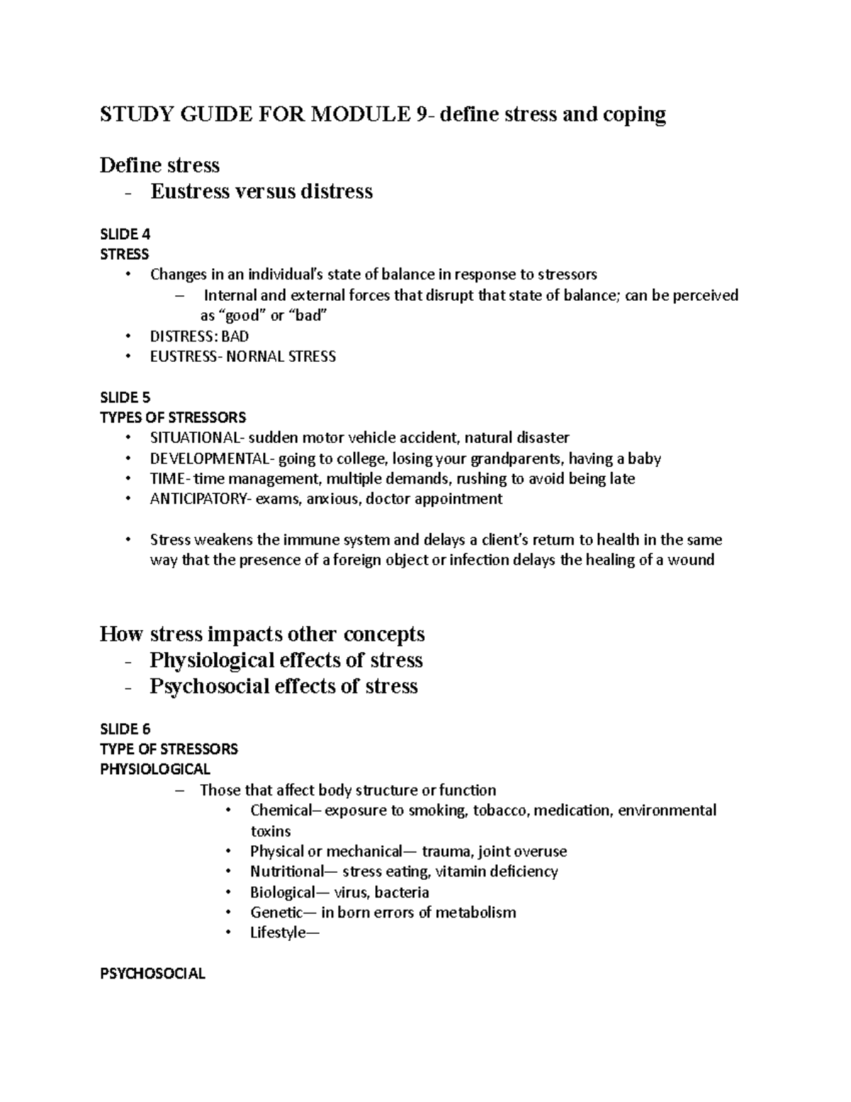 Study Guide for Module 9: Understanding Stress and Coping Mechanisms ...