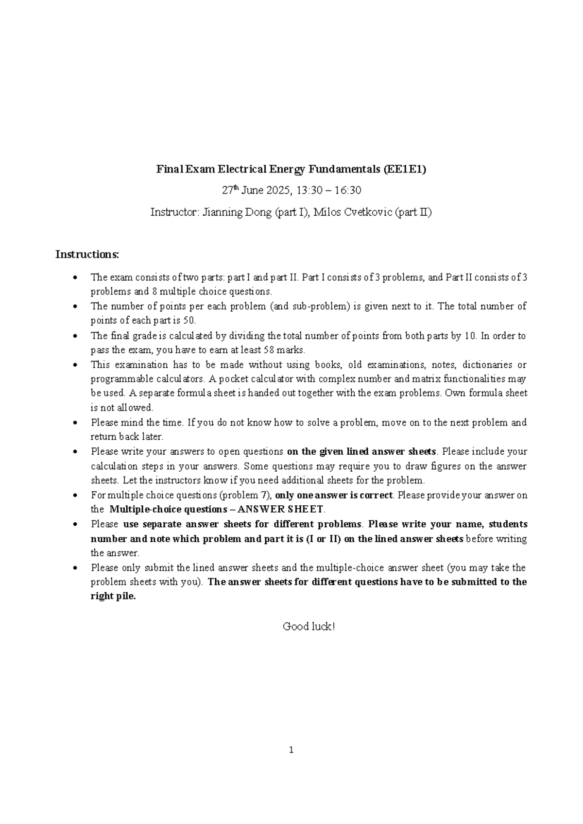Final Exam Study Guide for Electrical Energy Fundamentals (EE1E1 ...