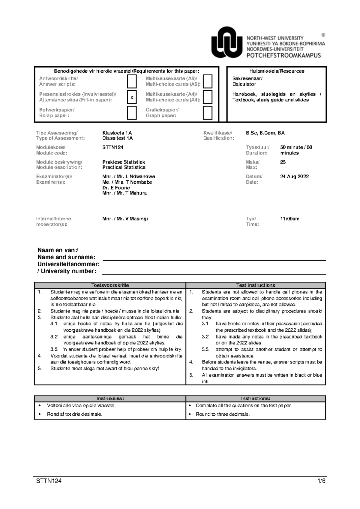 Test 1 STTN124 - Practical Statistics Exam Preparation Guide - Studocu