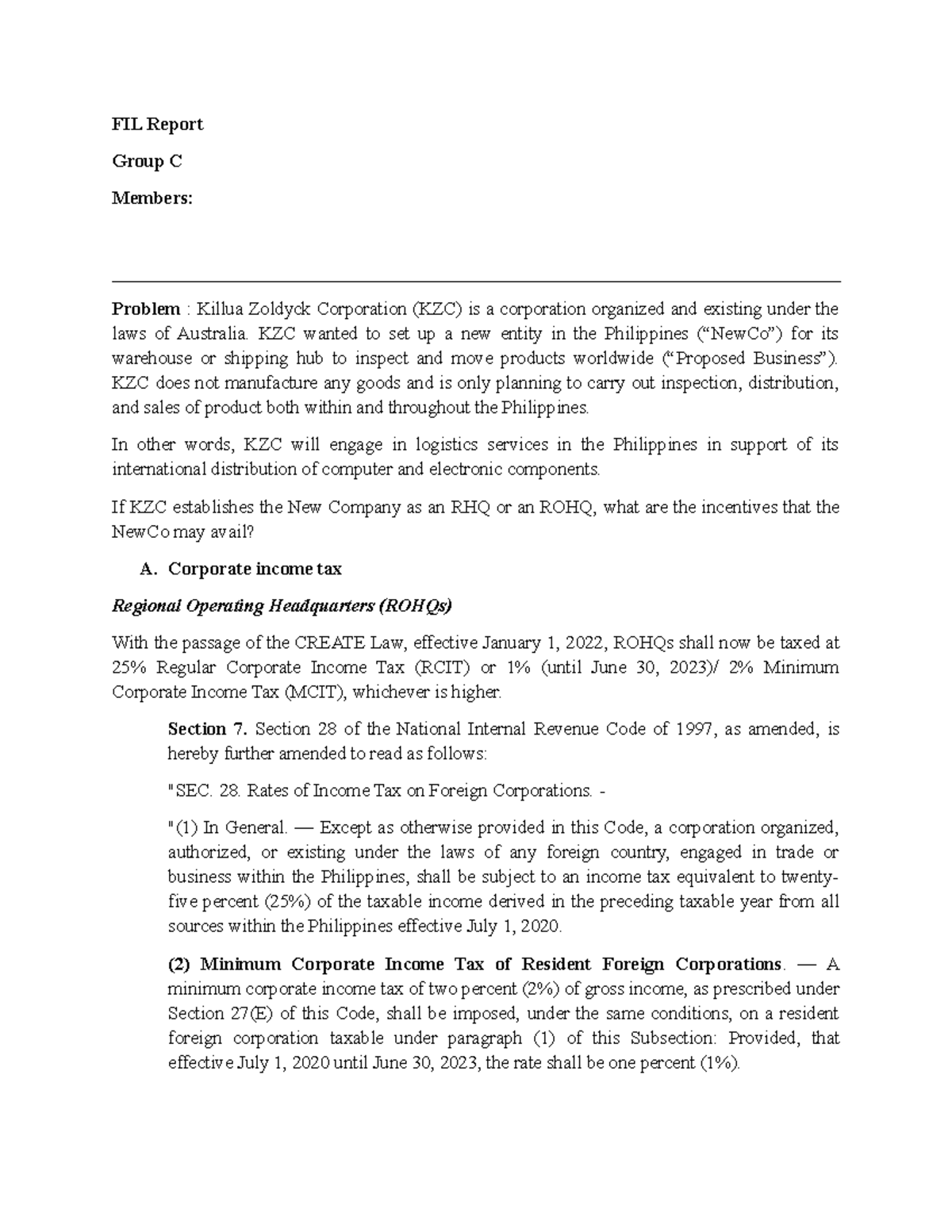 FIL Report - Tax Incentives for KZC in Establishing a NewCo - Studocu
