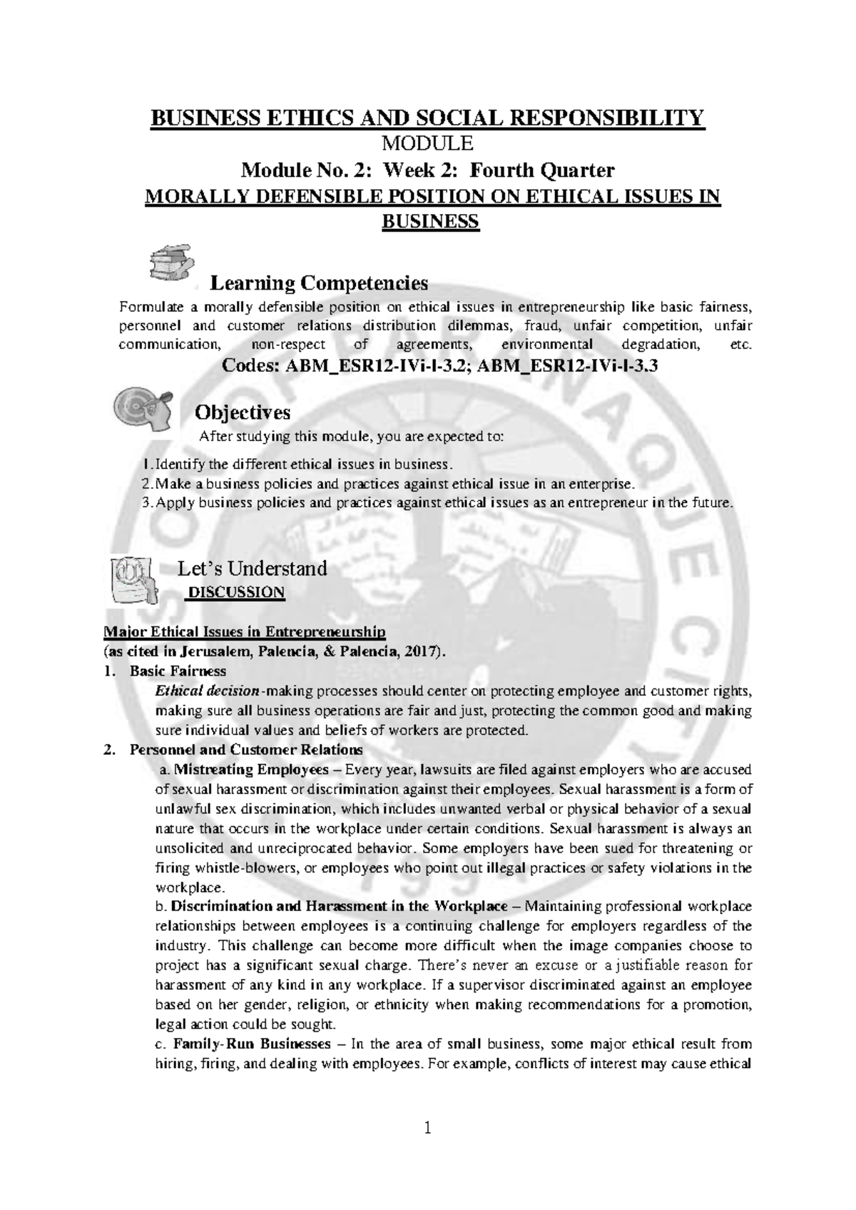 B-E-M2W2-4THQ GC - Business Ethics & Social Responsibility Module - Studocu