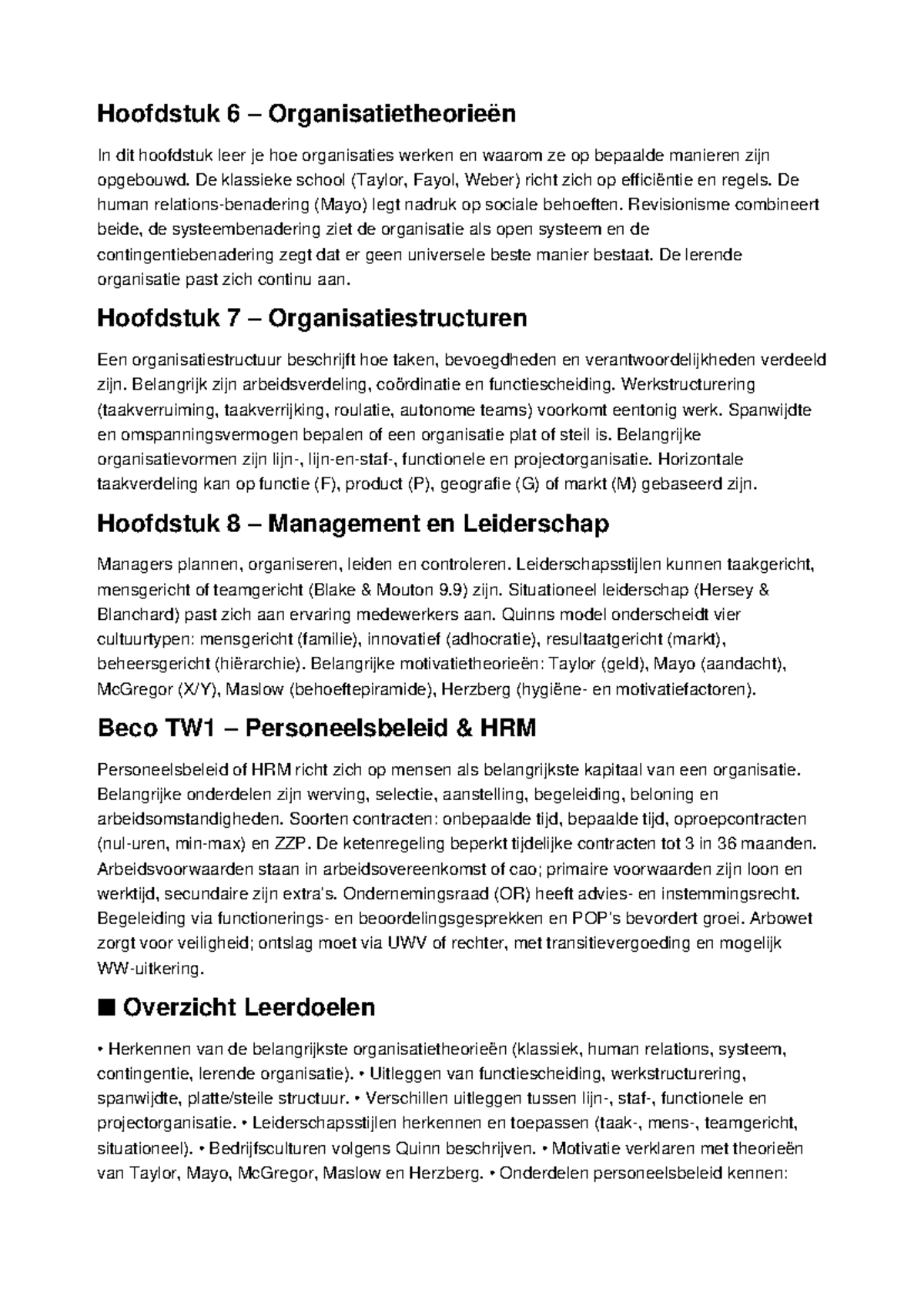Beco TW1 Samenvatting: Organisatietheorieën, Structuren en Leiderschap ...