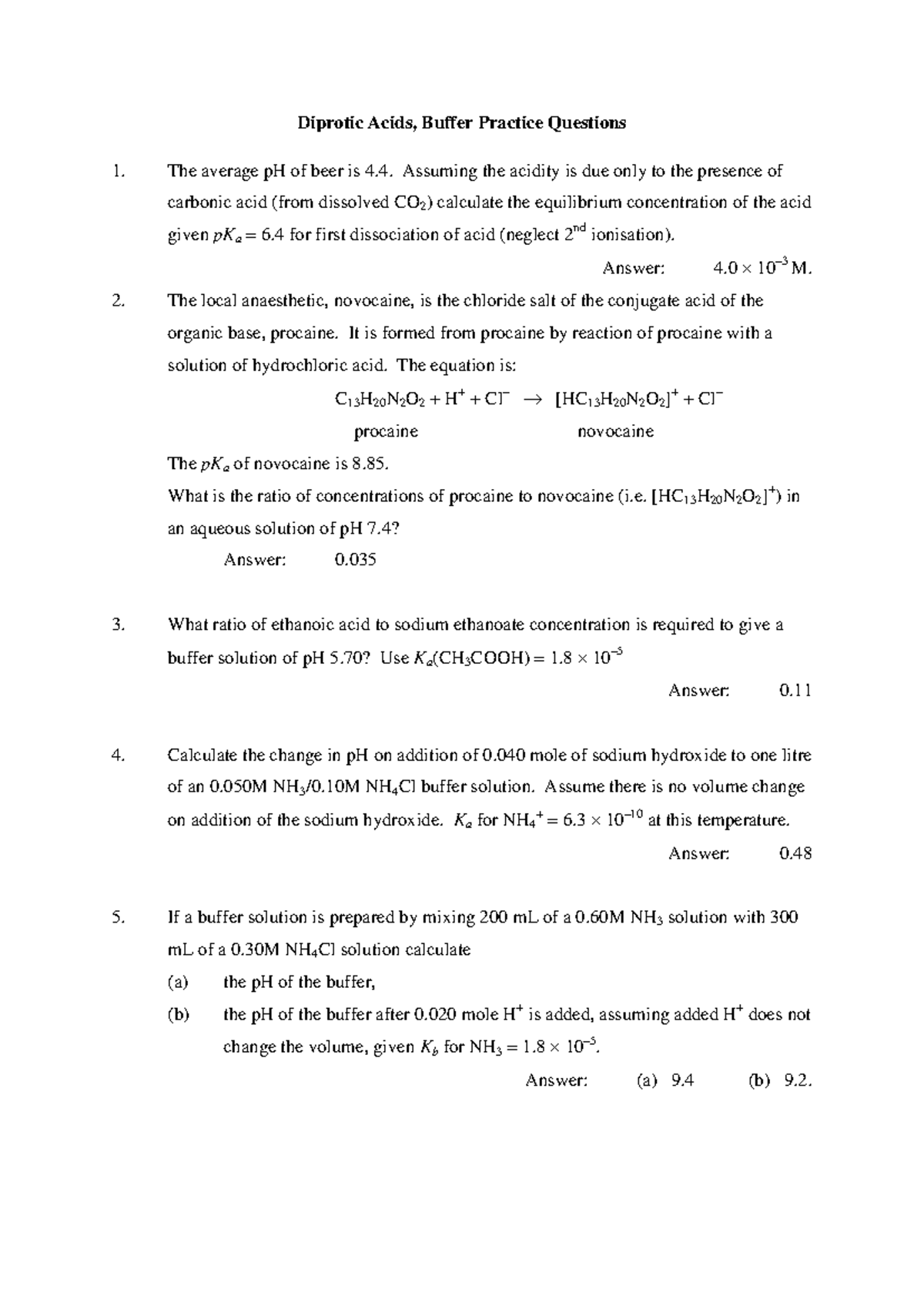 Diprotic Acids & Buffer Practice Questions (Chem 101) - Studocu