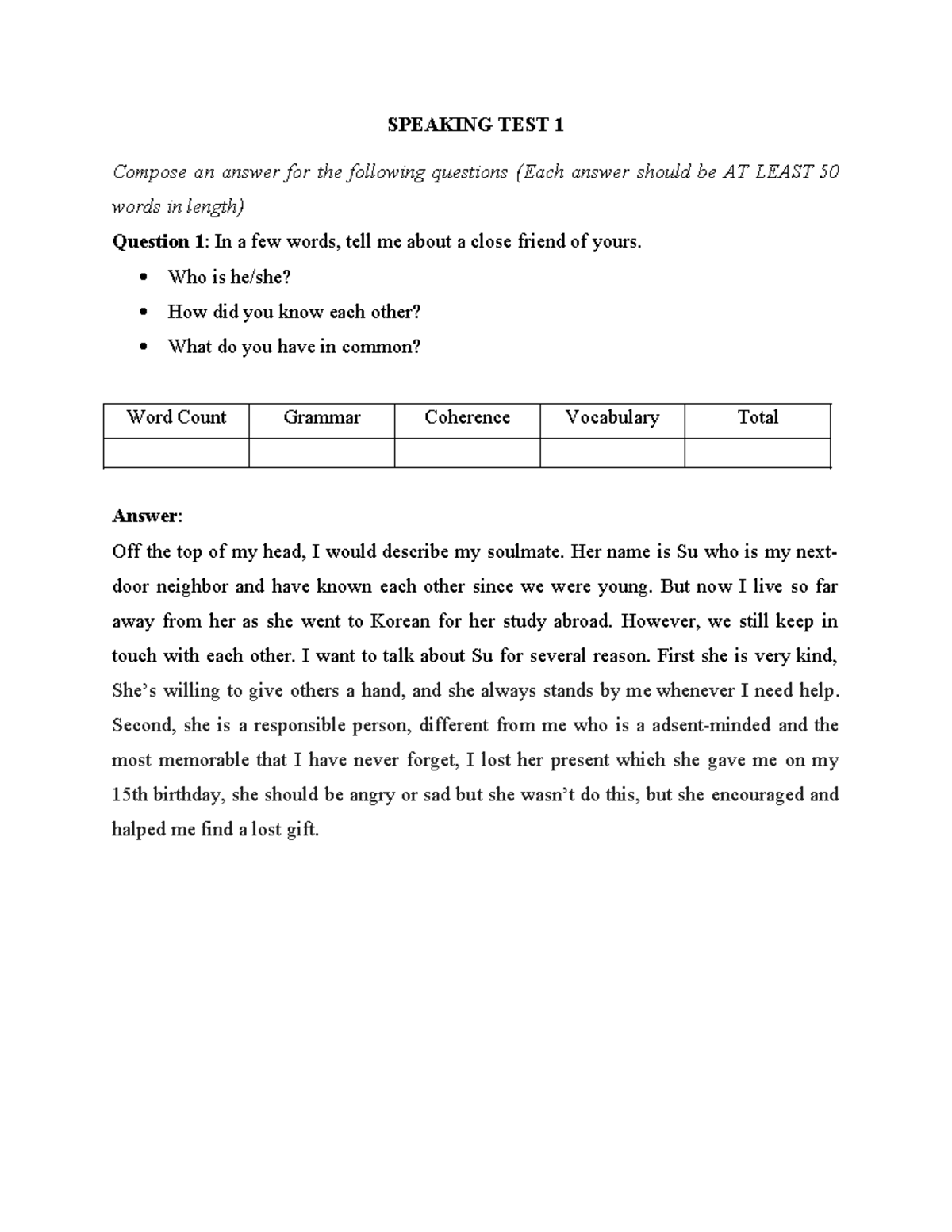 Speaking TEST 1Speaking TEST 1Speaking TEST 1Speaking TEST 1Speaking ...