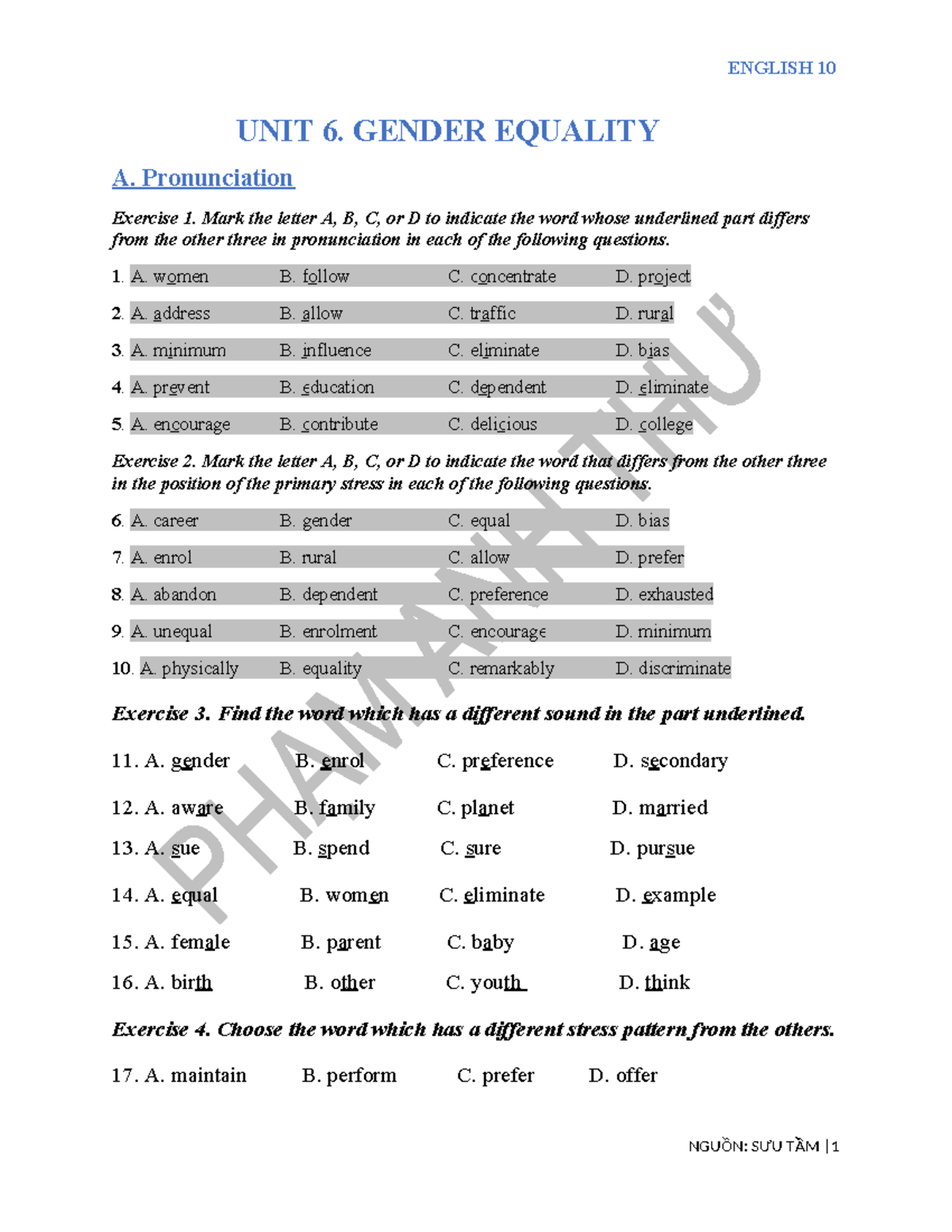 ENGLISH 10 UNIT 6: GENDER EQUALITY - Pronunciation & Vocabulary ...