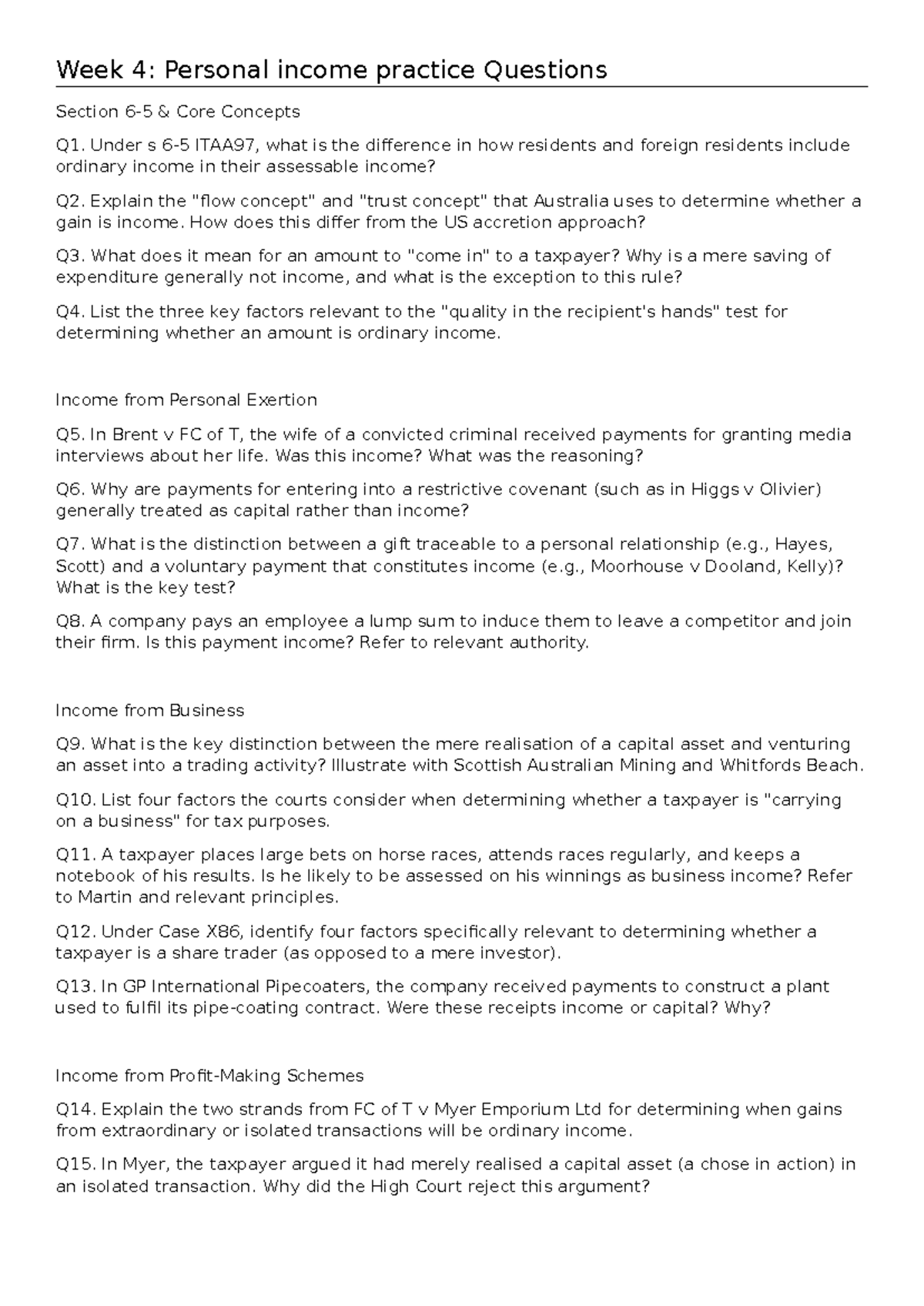 Week 4 ACCT2331 Practice Questions on Personal Income Concepts - Studocu