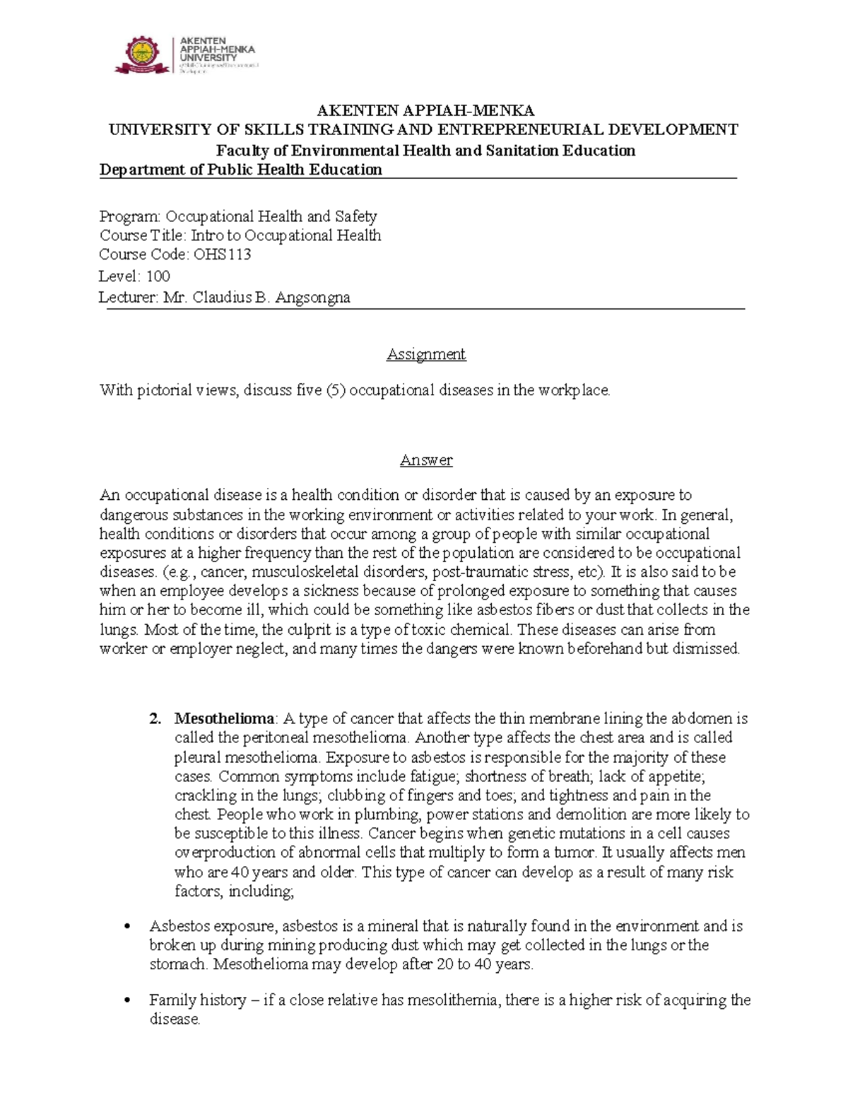 OHS113 Assignment: Discussing 5 Occupational Diseases in the Workplace ...