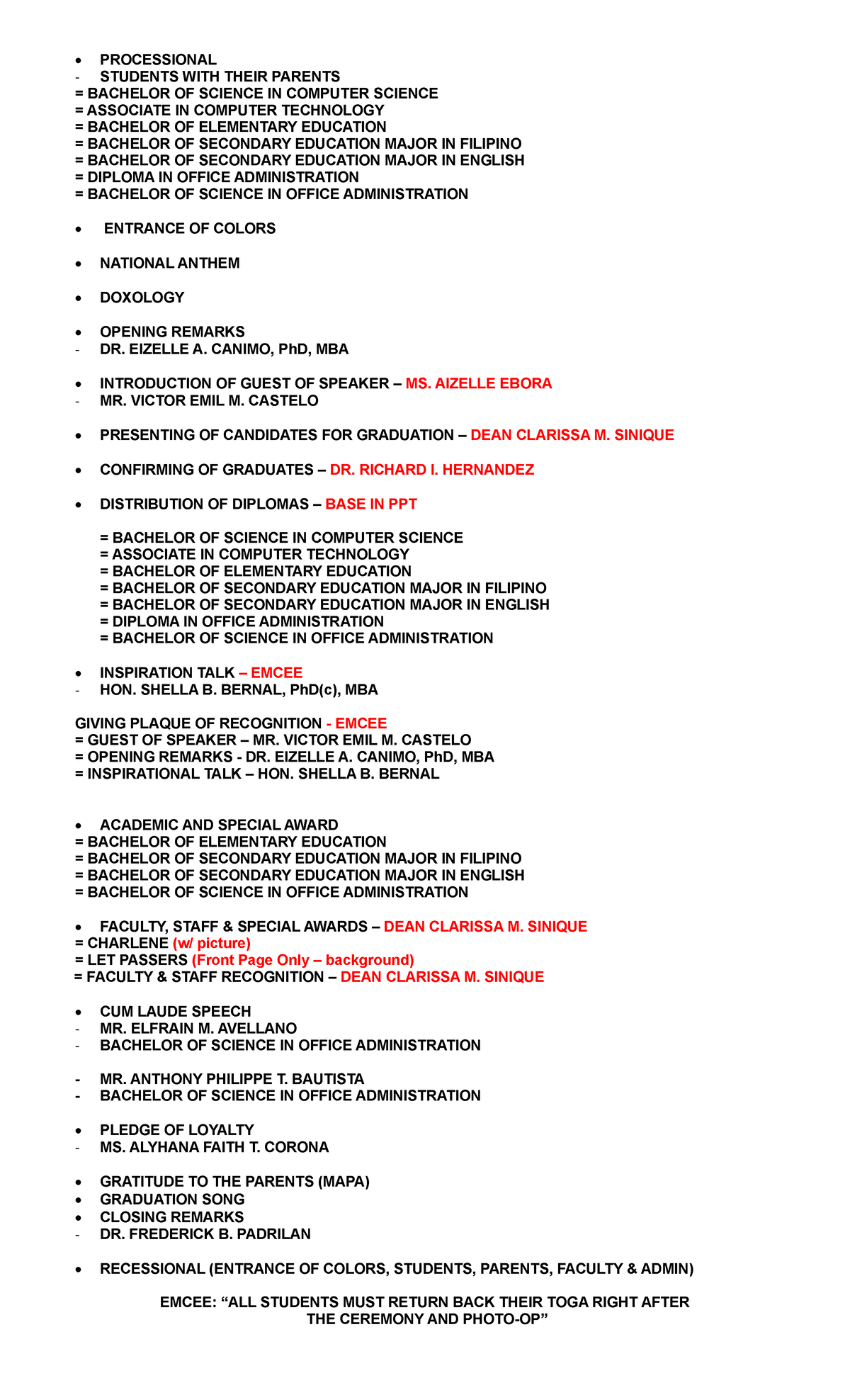 Graduation Ceremony Script for Bachelor and Associate Programs - Studocu