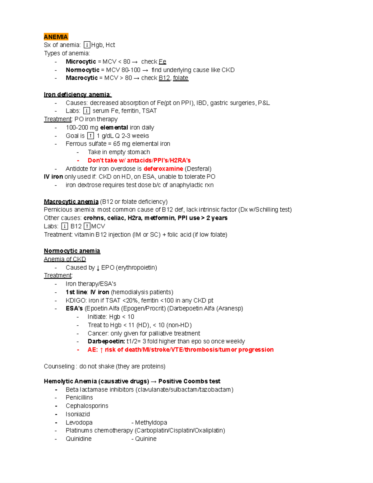 Anemia & Sickle Cell Disease Highlights for Med 101 Exam - Studocu