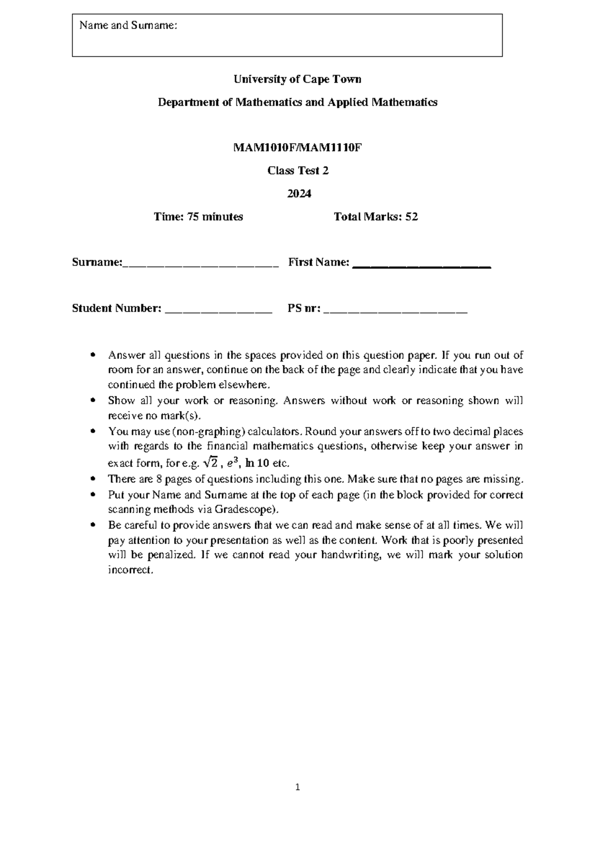 MAM1110F 2024 Class Test 2 - Mathematics and Applied Math - Studocu