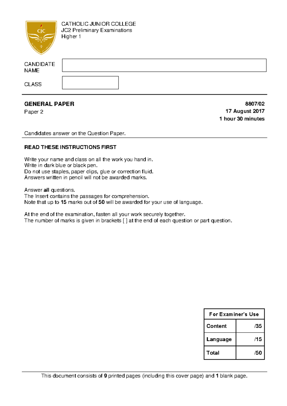GP Prelim Paper 2 Question Paper - CANDIDATE NAME CLASS CATHOLIC JUNIOR ...
