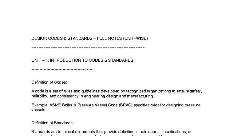 Design Codes Standards Unit I: Intro to Codes & Standards - Studocu