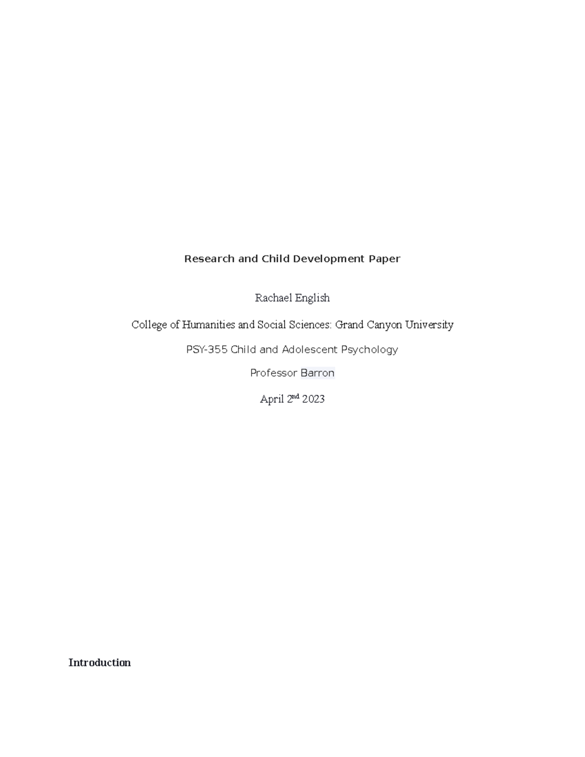 PSY-355 Final Paper on Research in Child Development - Studocu