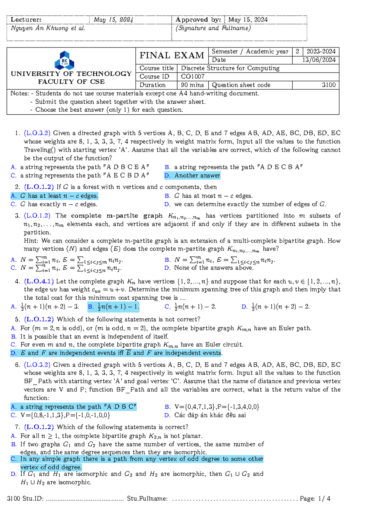 Final Exam Questions for Discrete Structure CO1007 - 2024 - Studocu
