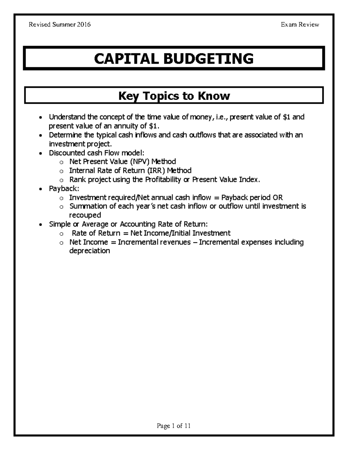 Capital Budgeting ER - Notes - CAPITAL BUDGETING Key Topics to Know ...