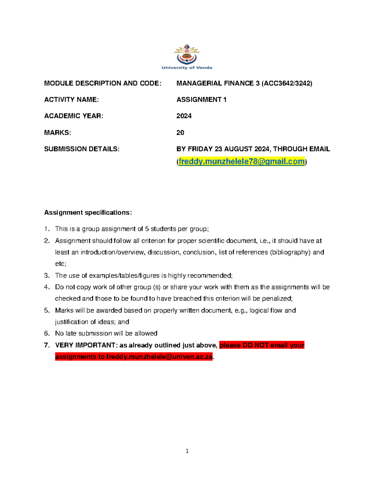ACC3642/3242 Managerial Finance Assignment 1 - Group Project Notes ...