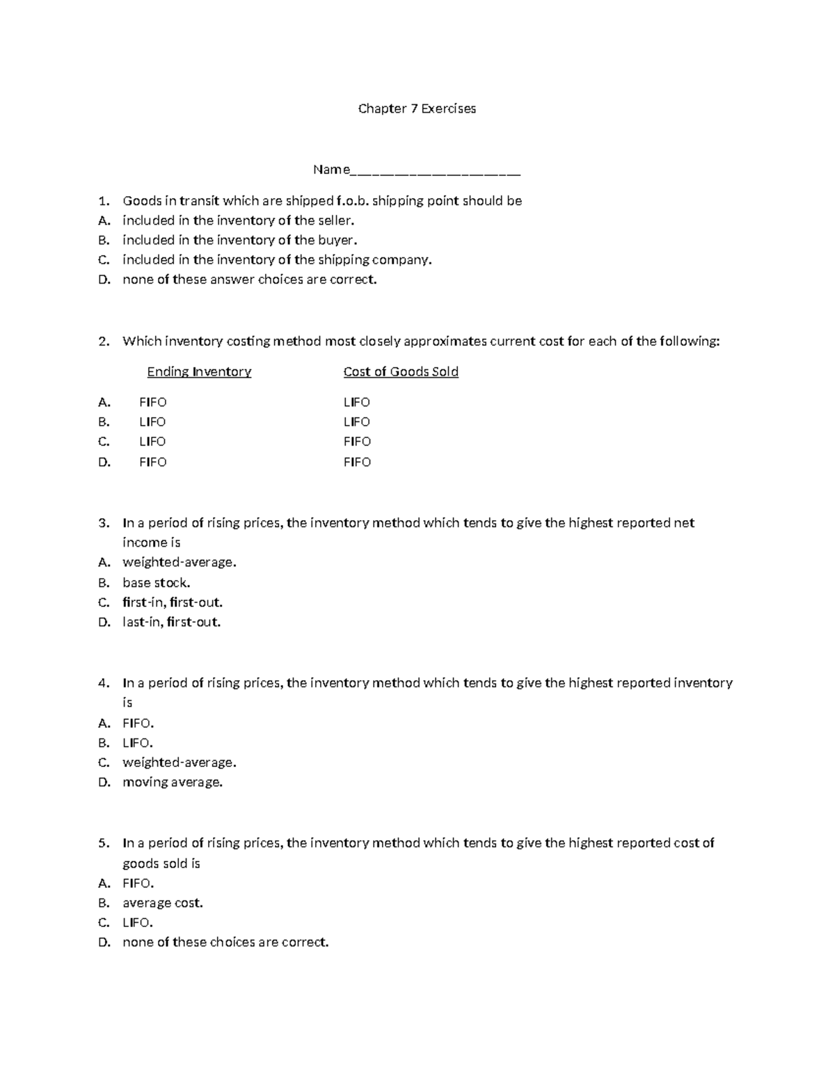 Chapter 7 Exercise 18th edition - Chapter 7 Exercises Name ...