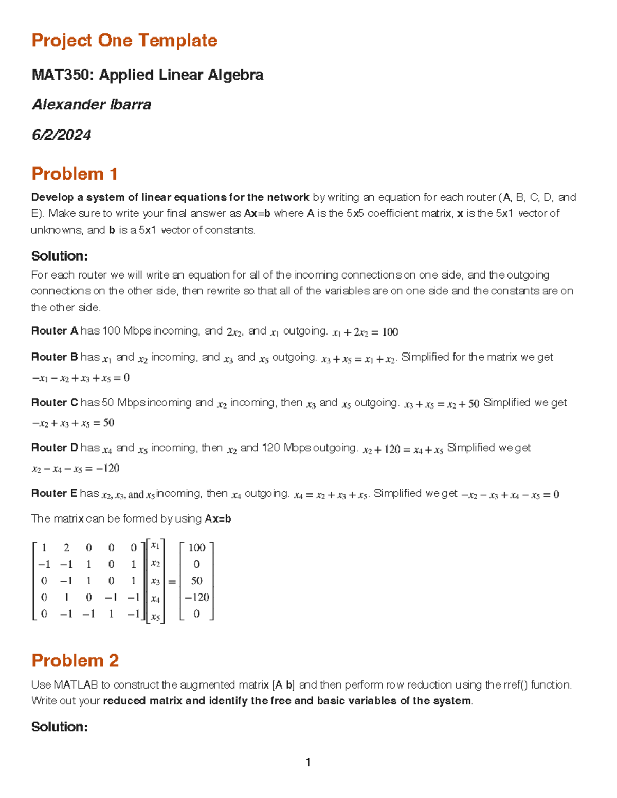 Project One: MATLAB Application in MAT350 Applied Linear Algebra - Studocu