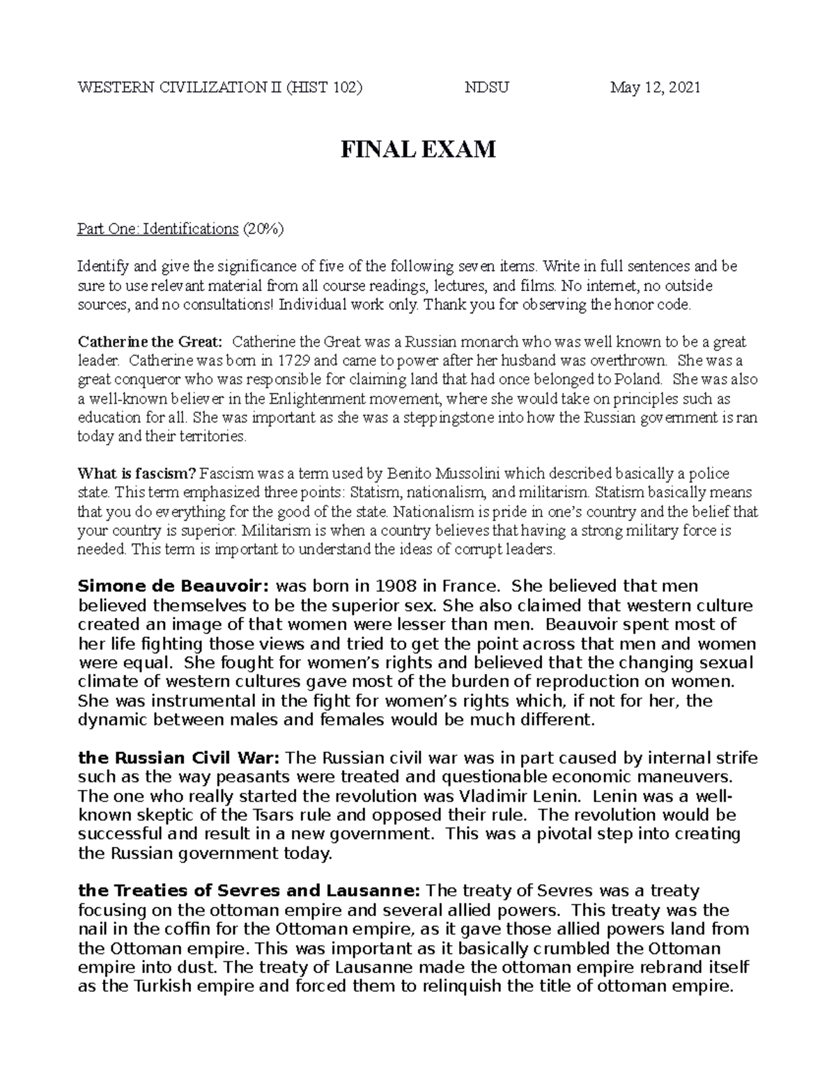 2021 HIST 102 Final Exam Study Guide on Western Civilization II - Studocu