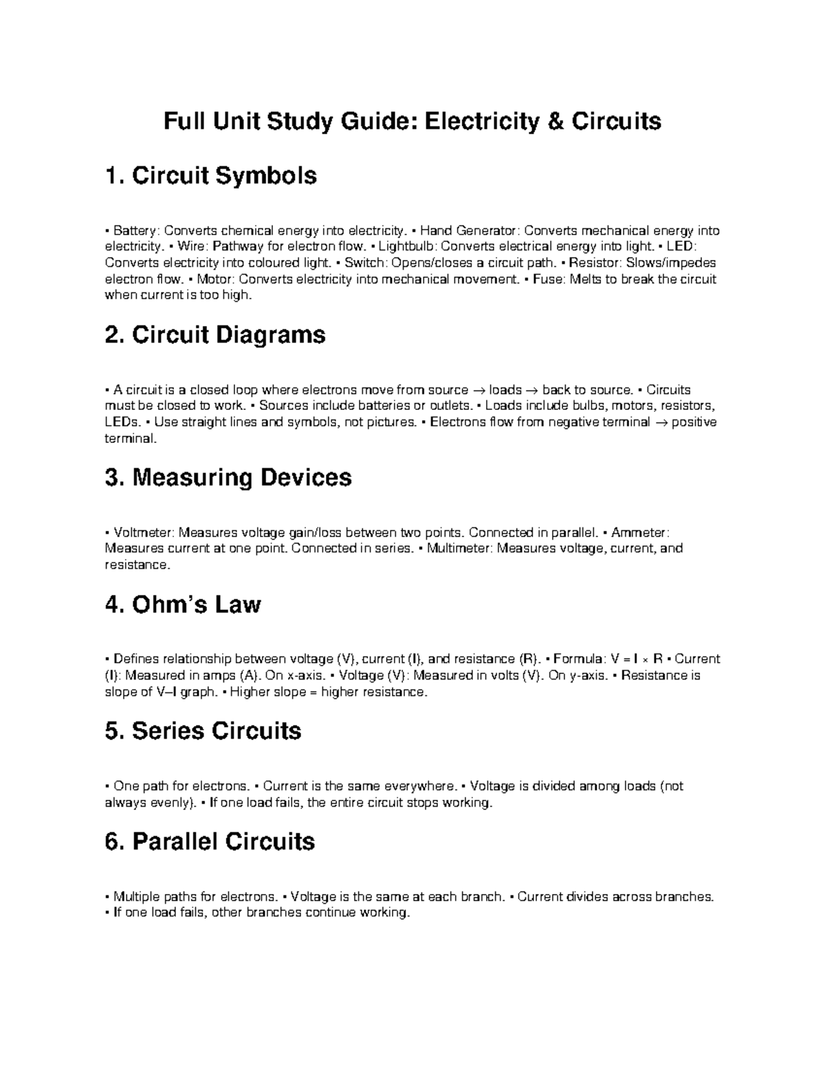 Science Study Guide: Electricity & Circuits (Unit 1) - Studocu