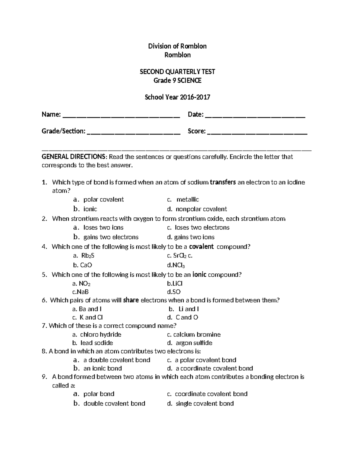 Grade 9 Science 2nd Quarter Exam Review - Studocu
