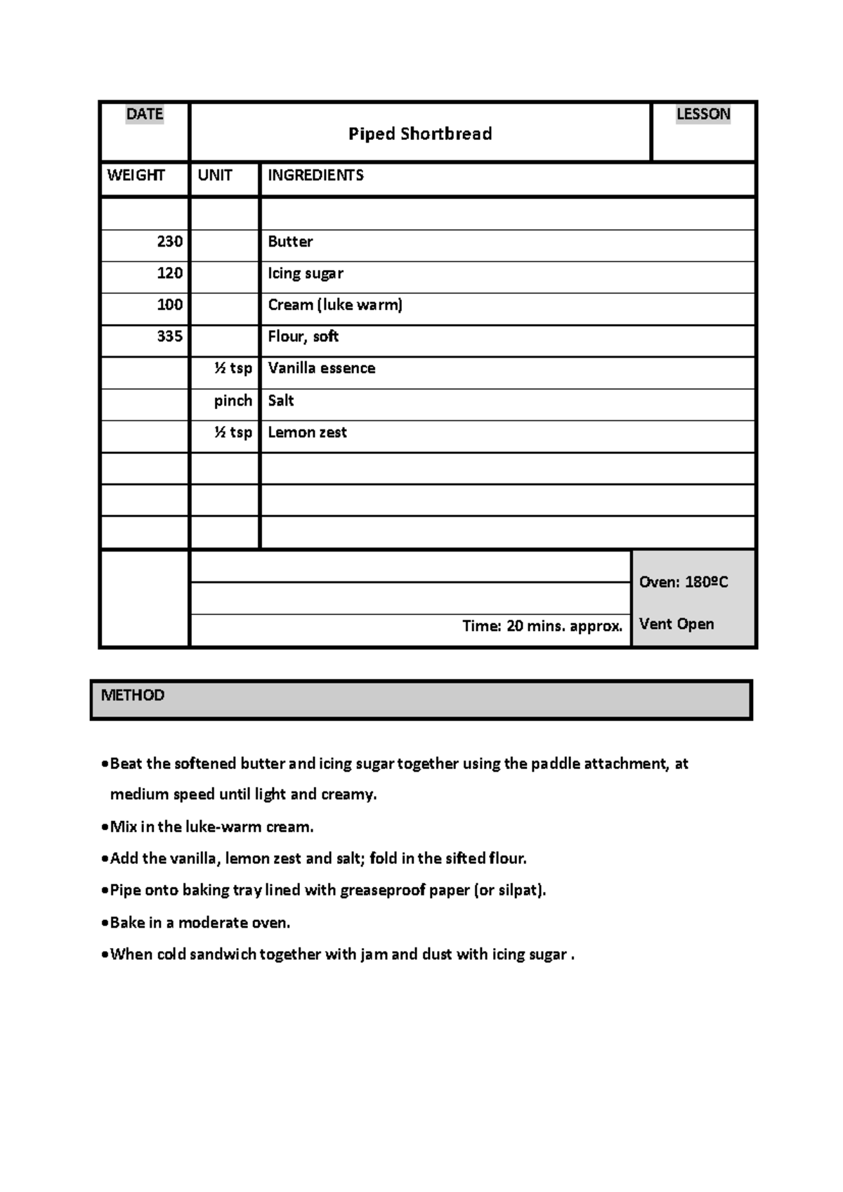 Piped Shortbread - notes - DATE Piped Shortbread LESSON WEIGHT UNIT ...