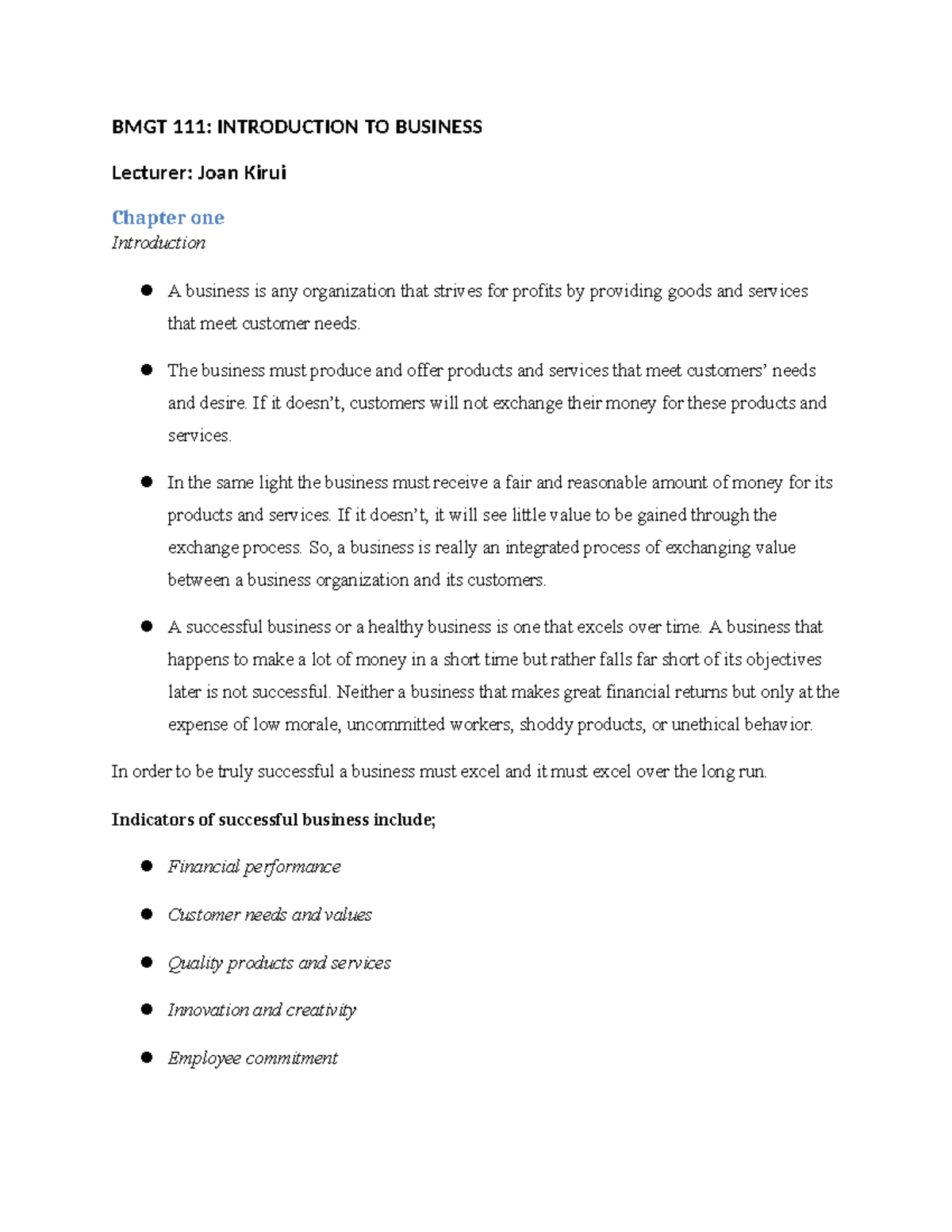 BMGT 111 Lecture Notes: Chapter 1 - Introduction to Business Concepts ...