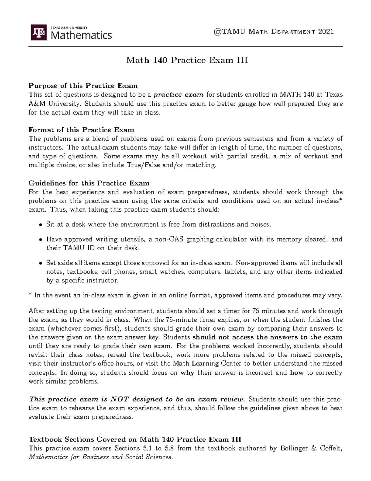 Math 140 practice exam III for Texas University students - Studocu