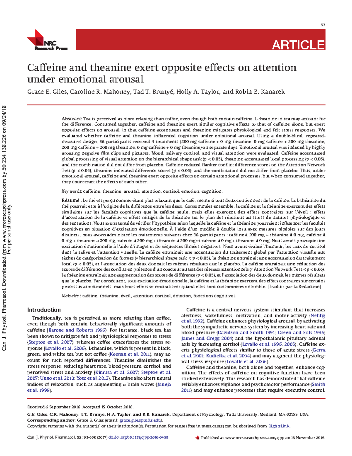 Caffeine and Theanine Effects on Attention and Cortisol Levels (PSY ...