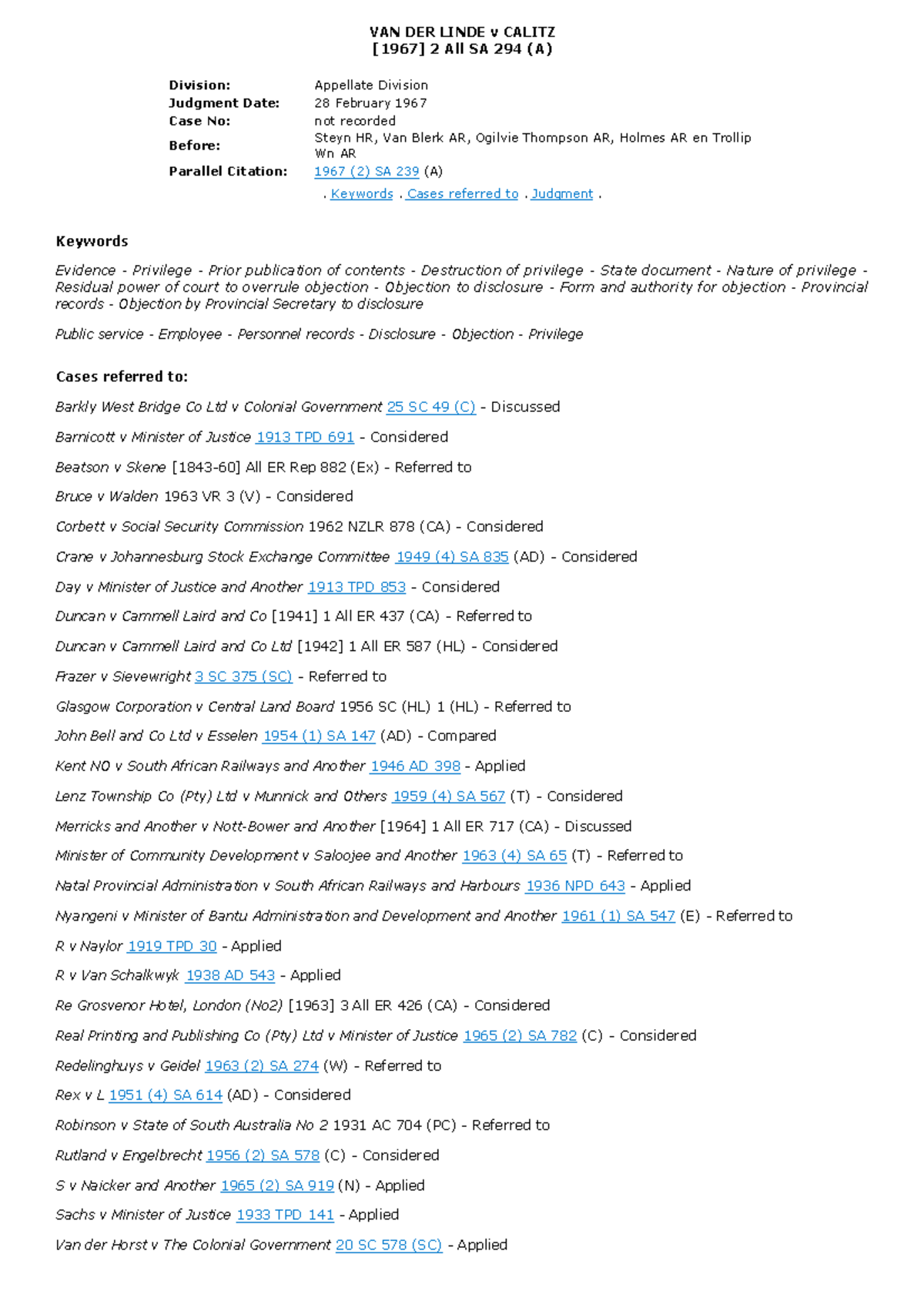 VAN DER LINDE v CALITZ [1967] 2 All SA 294 (A) - Key Case Analysis