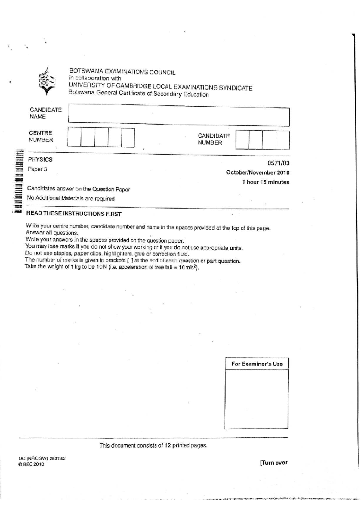 Physics Paper 3 BGCSE 2010 Exam Questions and Solutions - Studocu