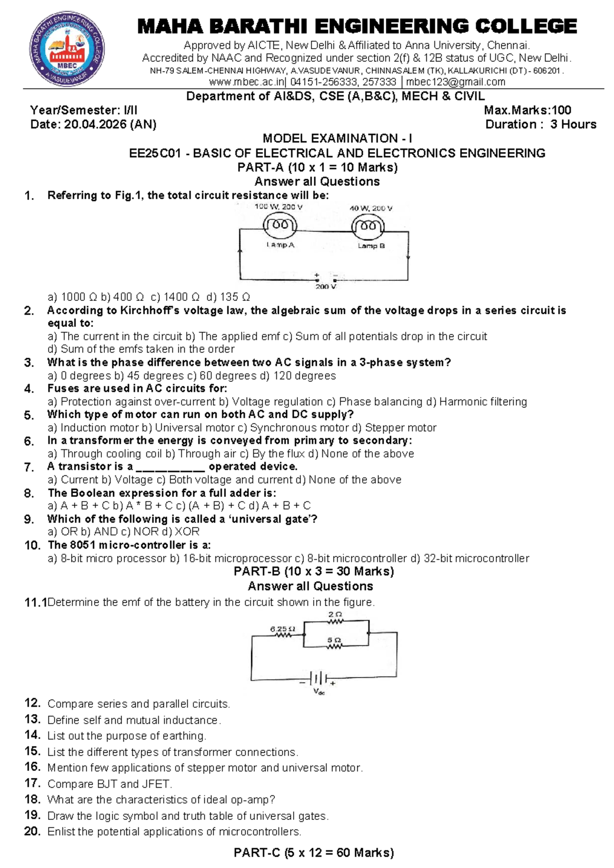 EE25C01 - BEEE Model Exam I - Questions & Answers - Studocu