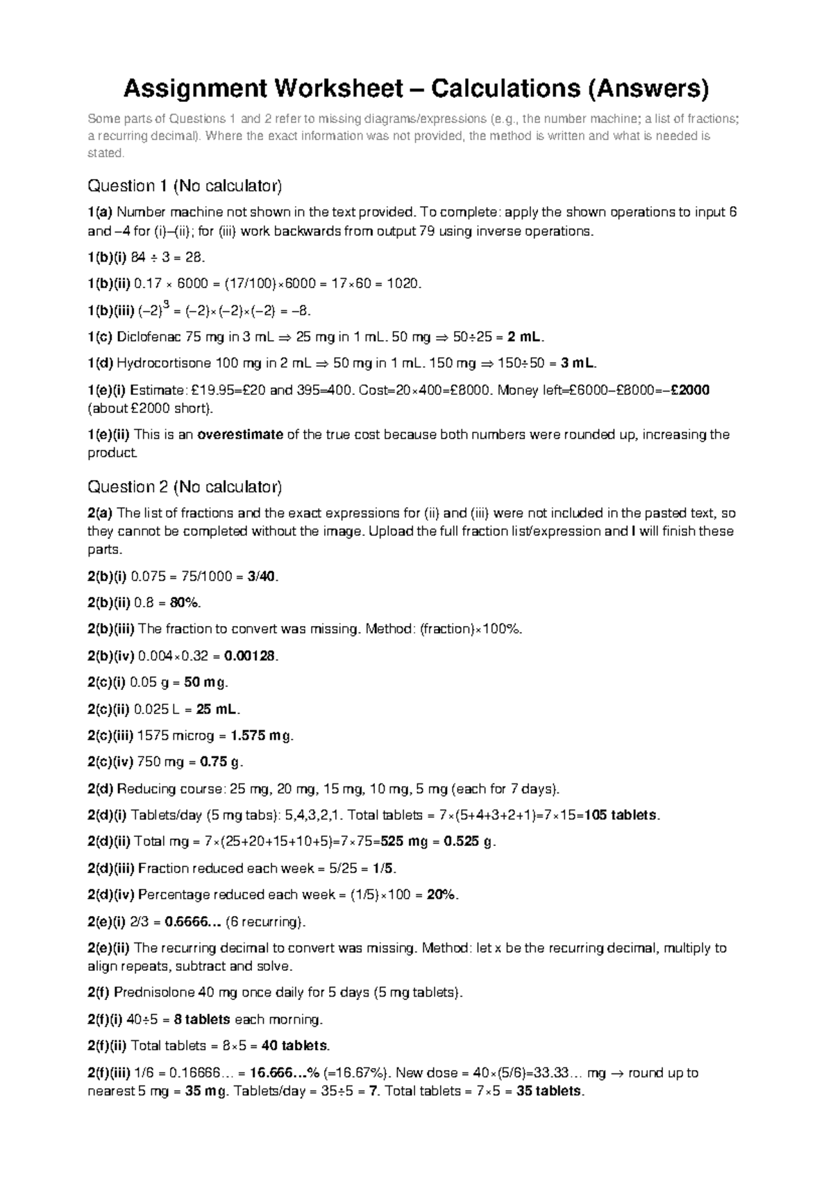 Assignment Worksheet MATH 101 Calculations (Answers) - Studocu