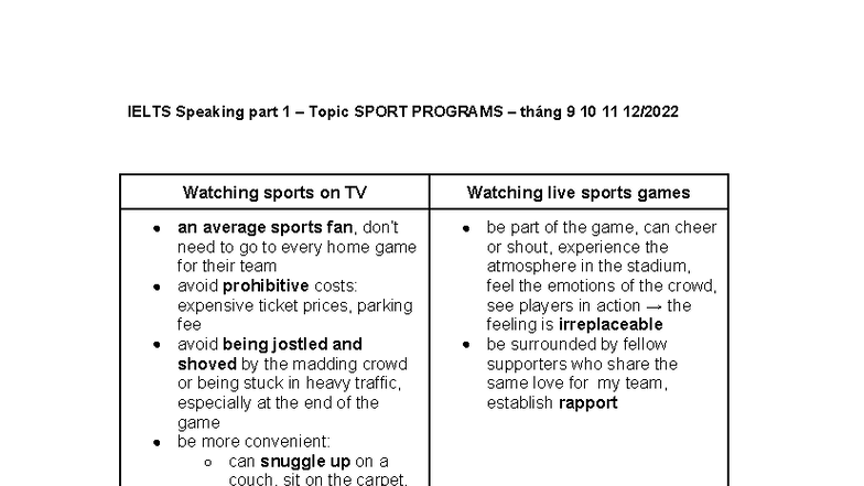 IELTS Speaking Part 1: Sport Programs Insights (Sept-Nov) - Studocu