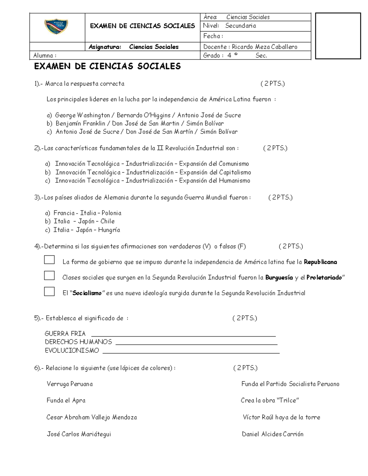 Examen Final de Ciencias Sociales 4TO AÑO SEC - Studocu