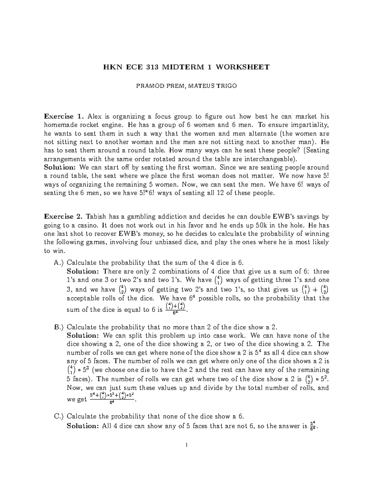 HKN ECE 313 MIDTERM 1 WORKSHEET SOLUTIONS - Studocu