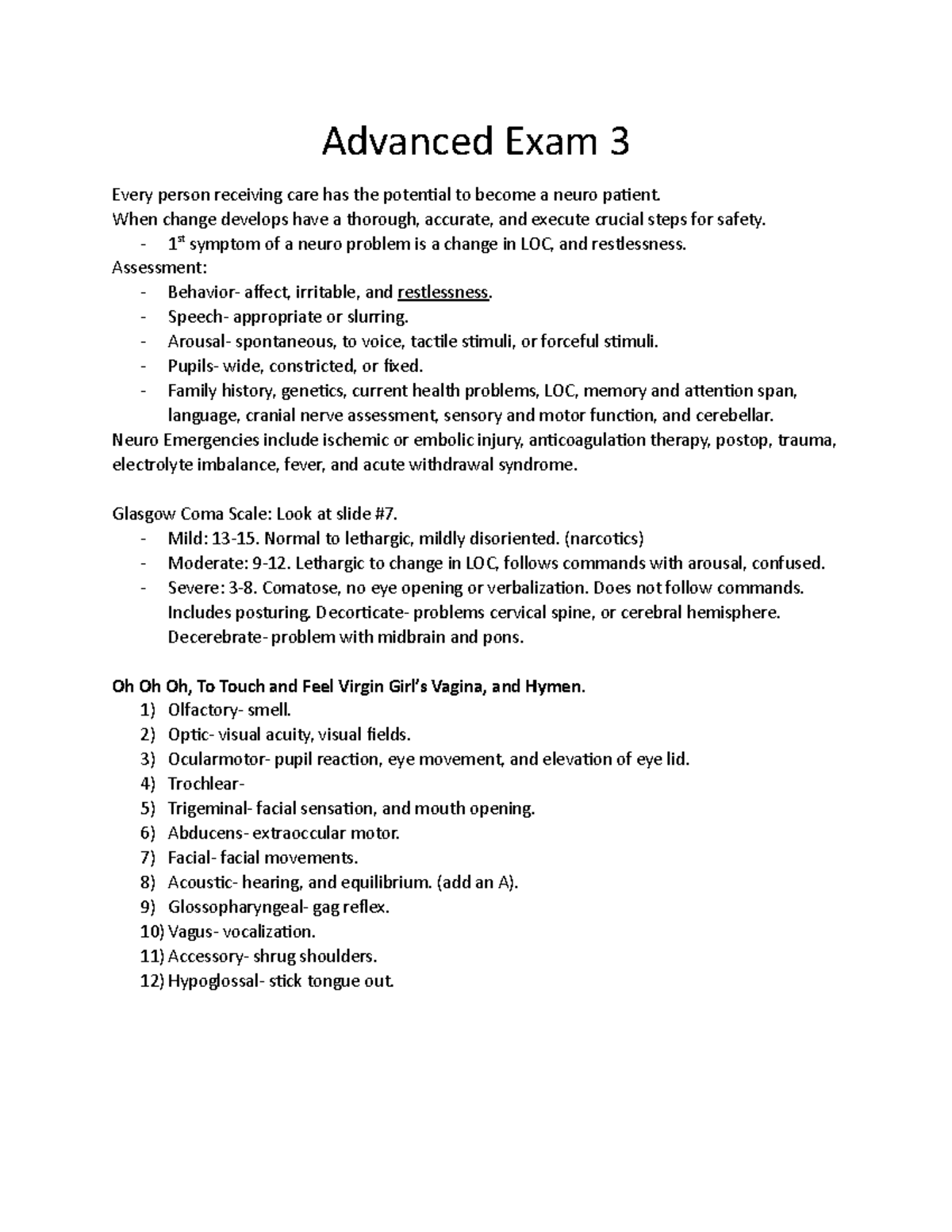 Advanced Exam 3 - Neuro Disorders Overview NUR265 Study Notes - Studocu
