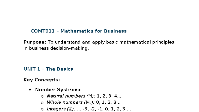 COMT011 Mathematics for Business: Key Concepts & Formulas Summary - Studocu