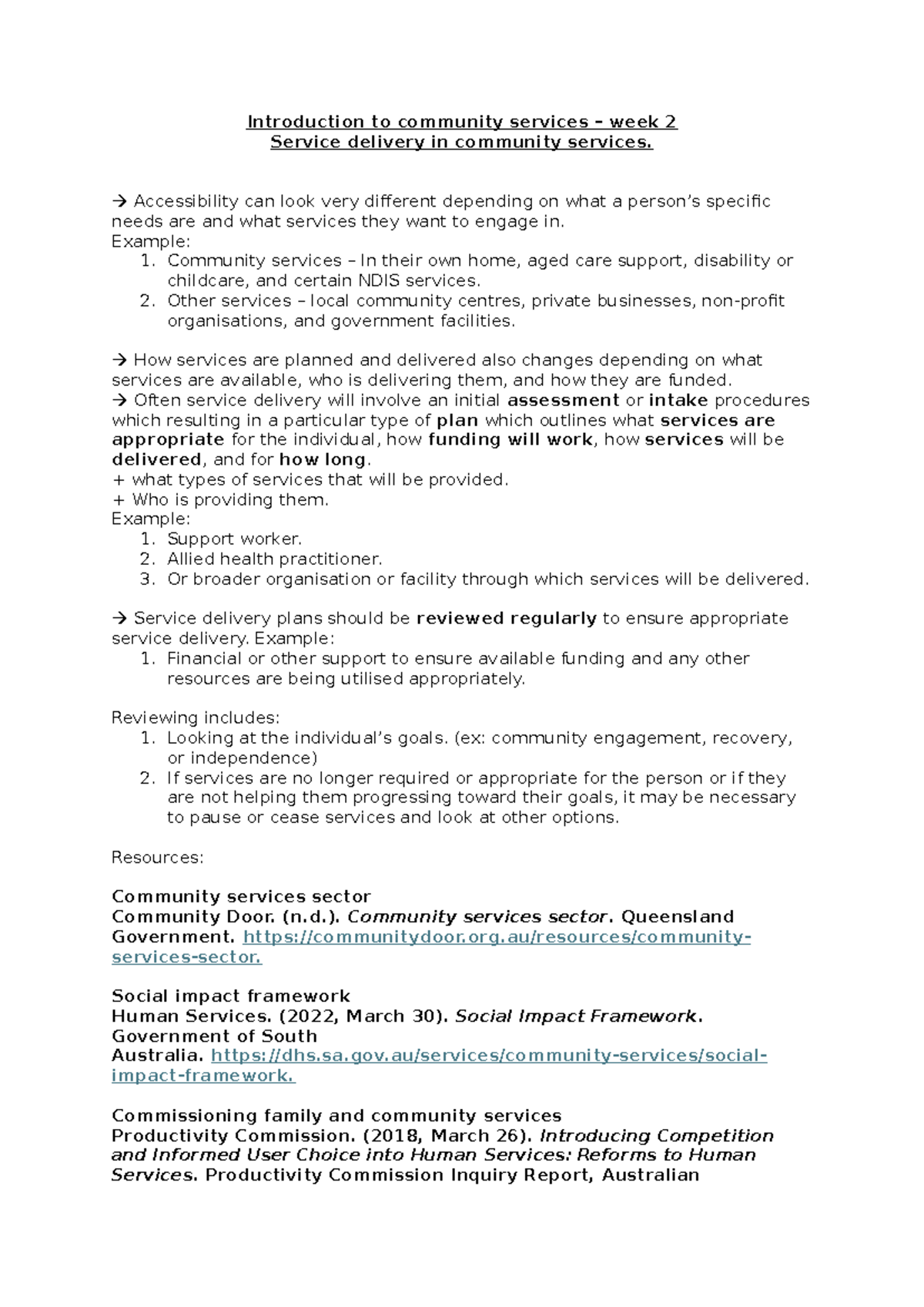 Week 2 - week 2 notes - introduction to community services ...