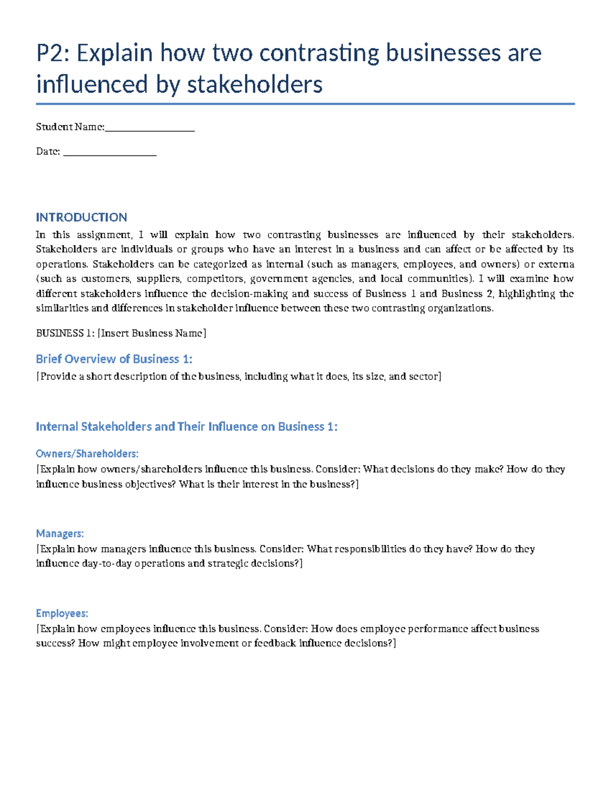 P2: Analyzing Stakeholder Influence in Two Contrasting Businesses - Studocu