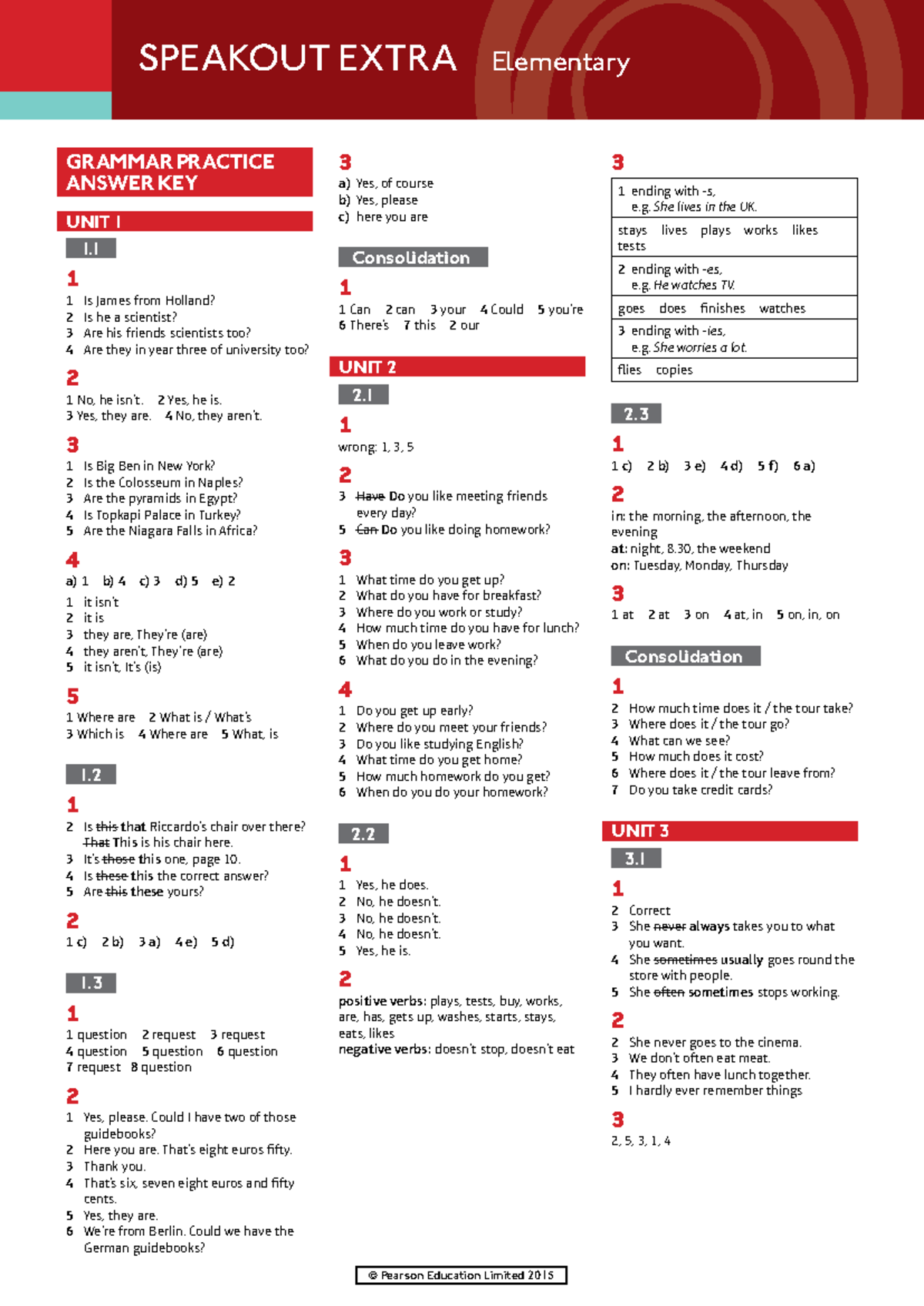 Speakout Extra Elementary Grammar Unit Answer Key Guide - Studocu