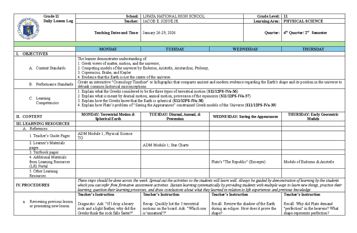 Q4 11 Physical Science Daily Lesson Log: Week 1 Overview - Studocu