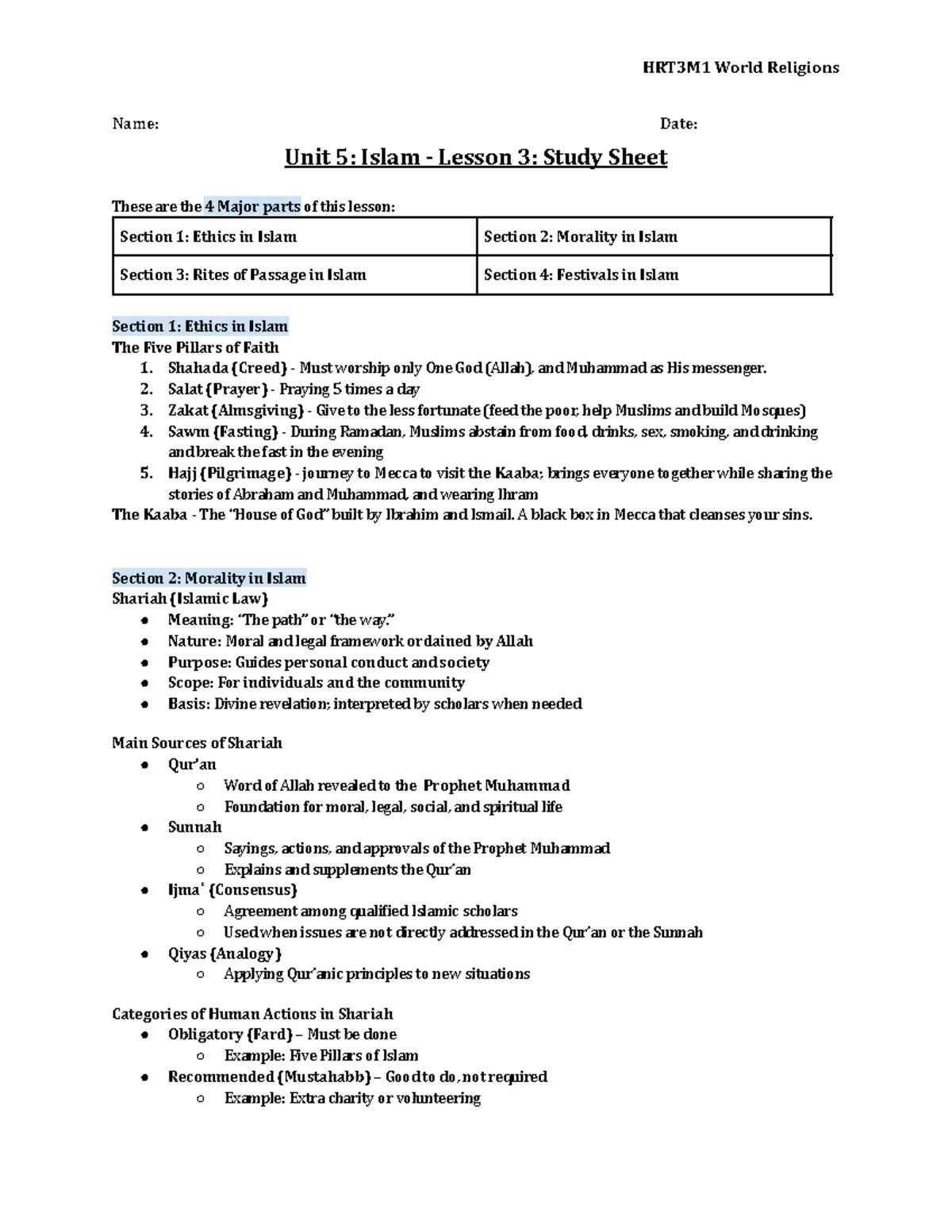 HRT3M1 World Religions Unit 5: Islam Lesson 3 Study Sheet - Studocu
