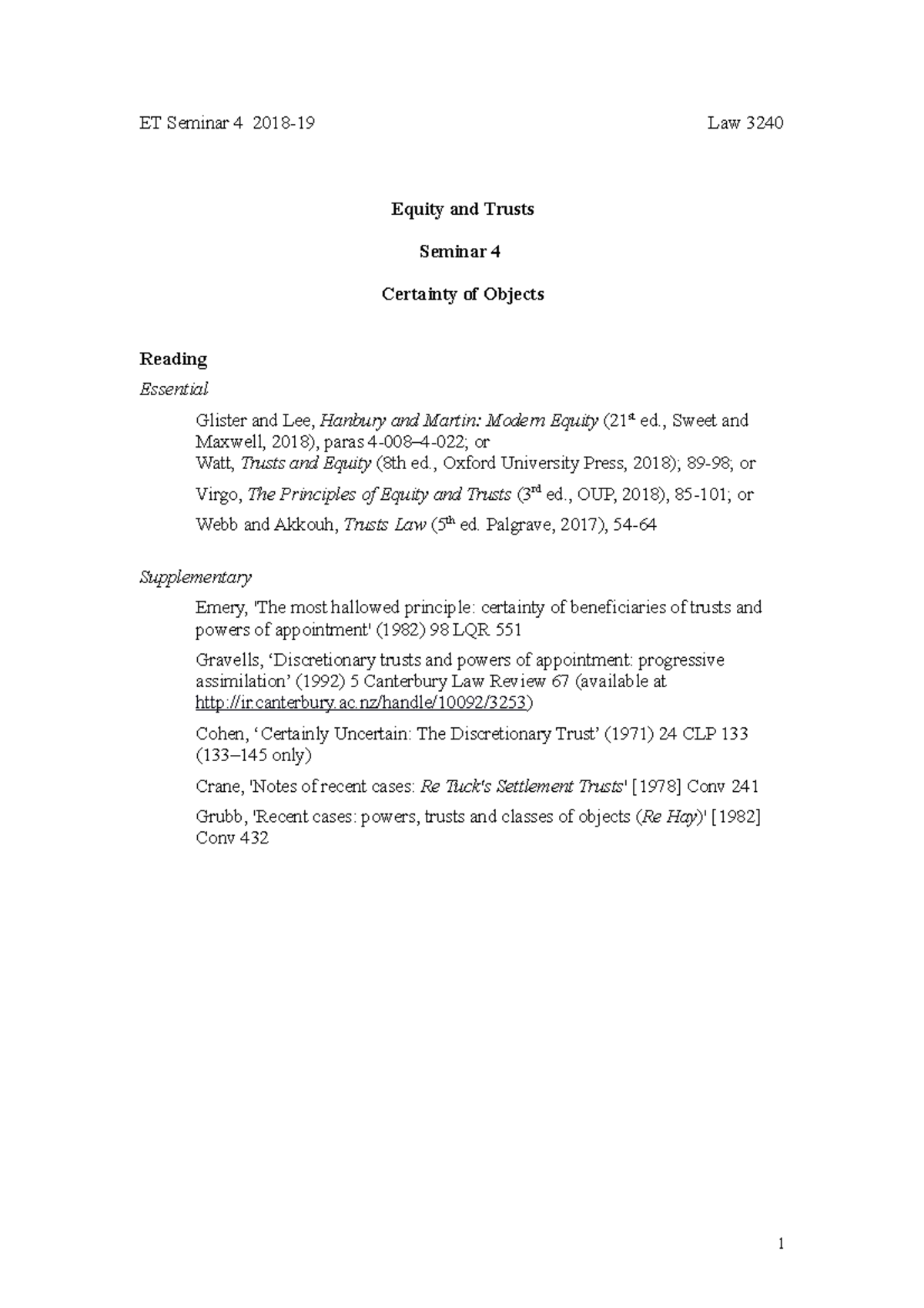Seminar 4 certainty of objects - ET Seminar 4 2018-19 Law 3240 Equity ...