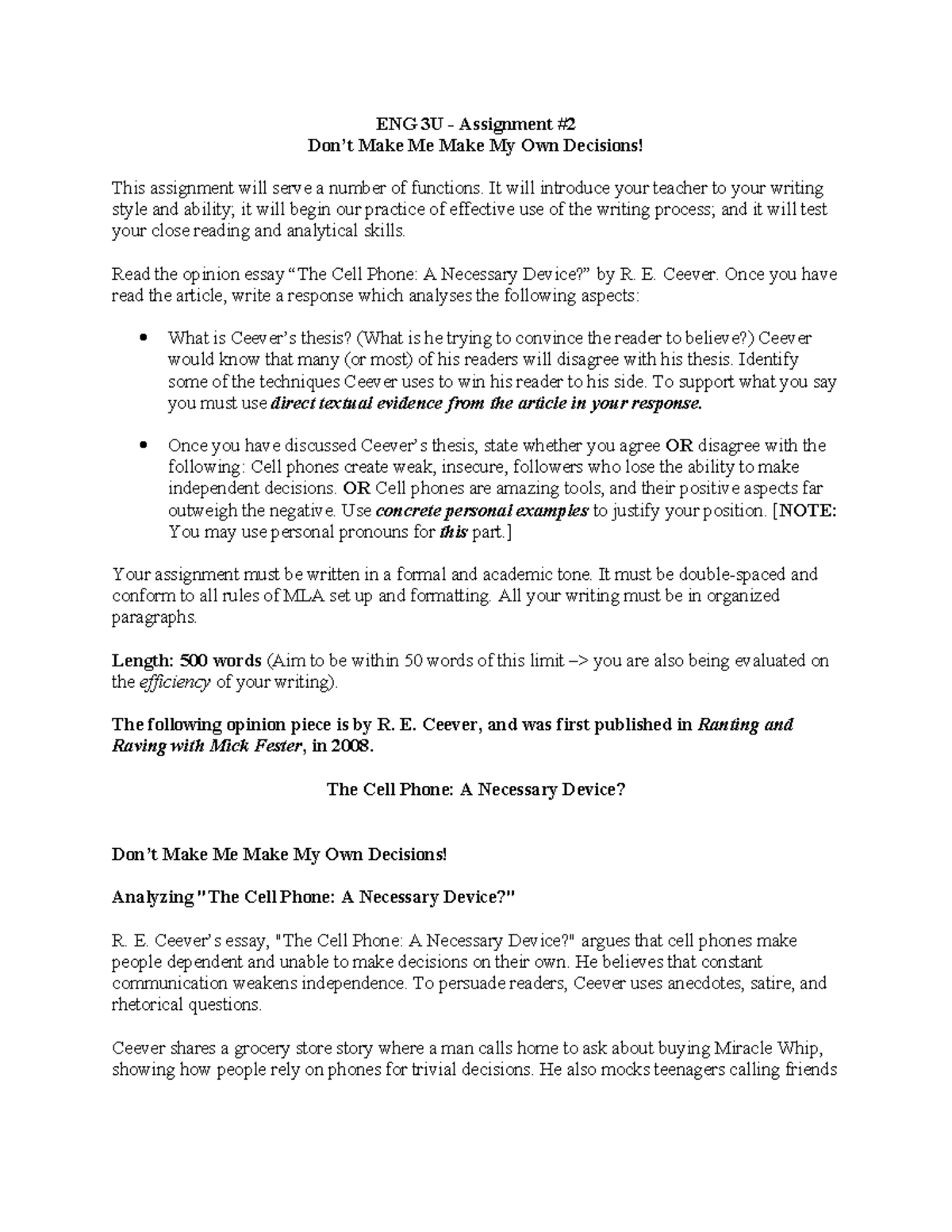 ENG 3U Assignment: Analyzing Ceever - Document Preview