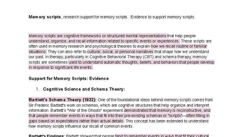 Memory Scripts: Evidence and Support in Cognitive Psychology - Studocu