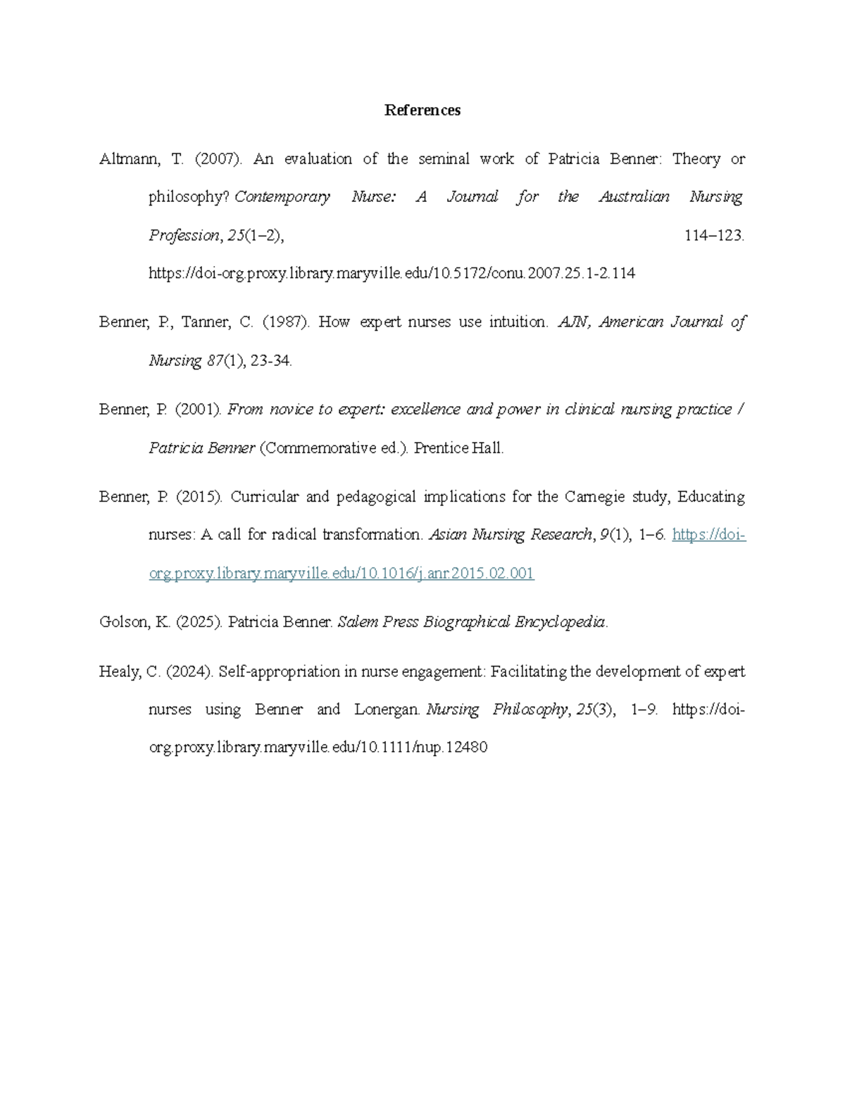 Theory - Assignment 2.1 Reference List on Patricia Benner's Work - Studocu