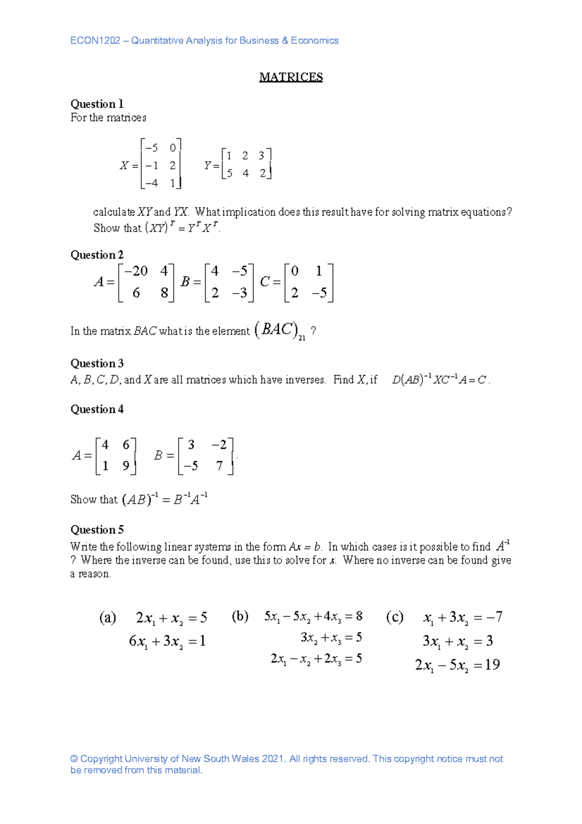ECON1202 Matrices Practice Questions and Solutions Guide - Studocu