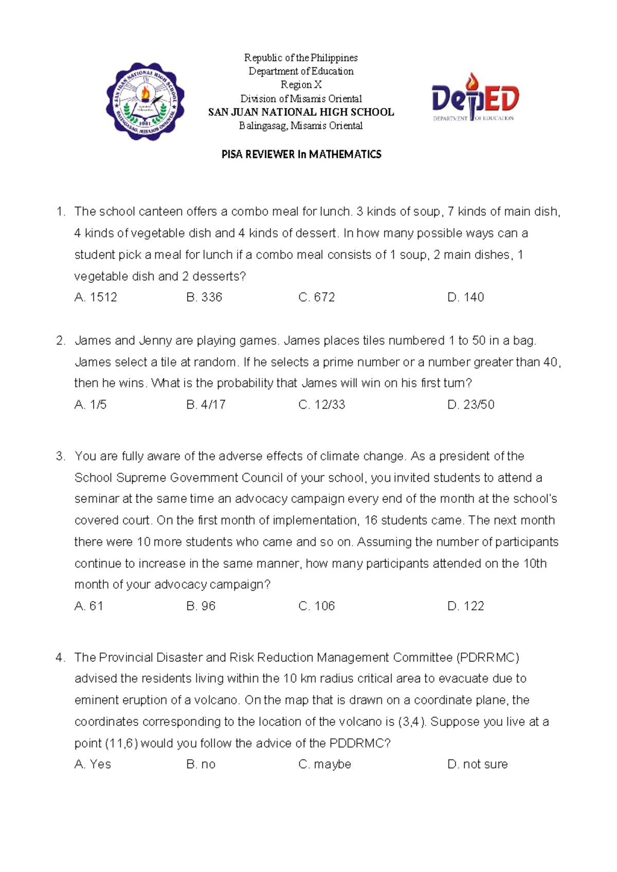 MATH PISA Reviewer: Combo Meals, Probability, and Community Safety ...